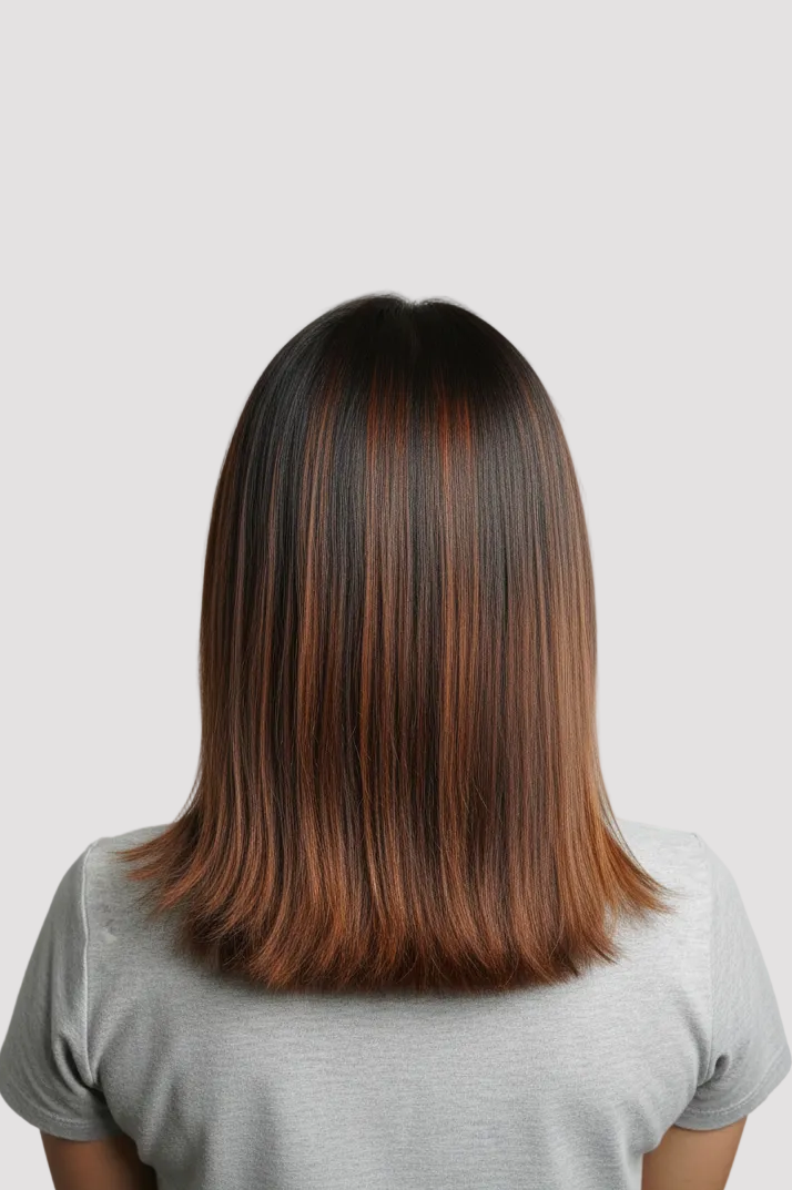 Back view of a person with shoulder-length, straight, dark brown hair featuring warm auburn and copper-brown highlights, wearing a light gray t-shirt against a solid light gray background.