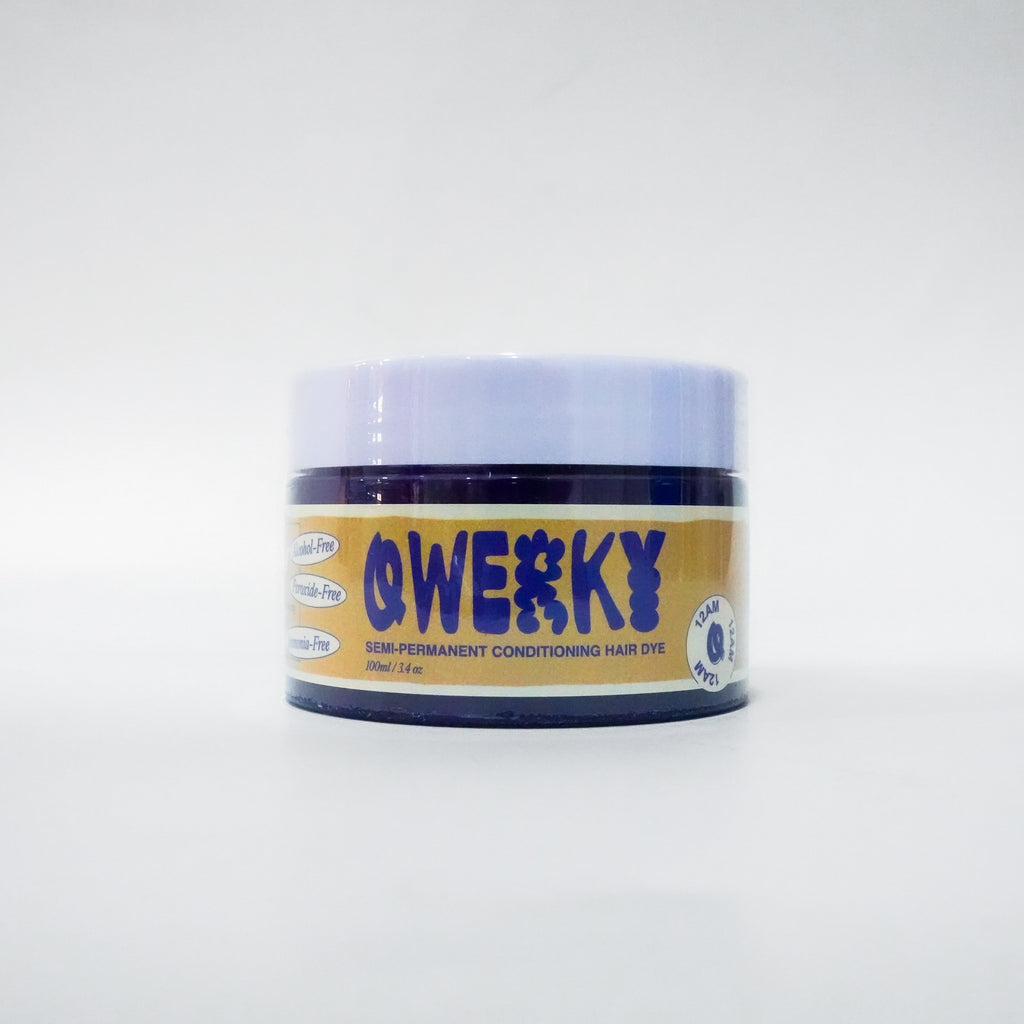 Jar of 'Qwerky' 100ml semi-permanent conditioning plant-based hair dye in 12AM on a white background