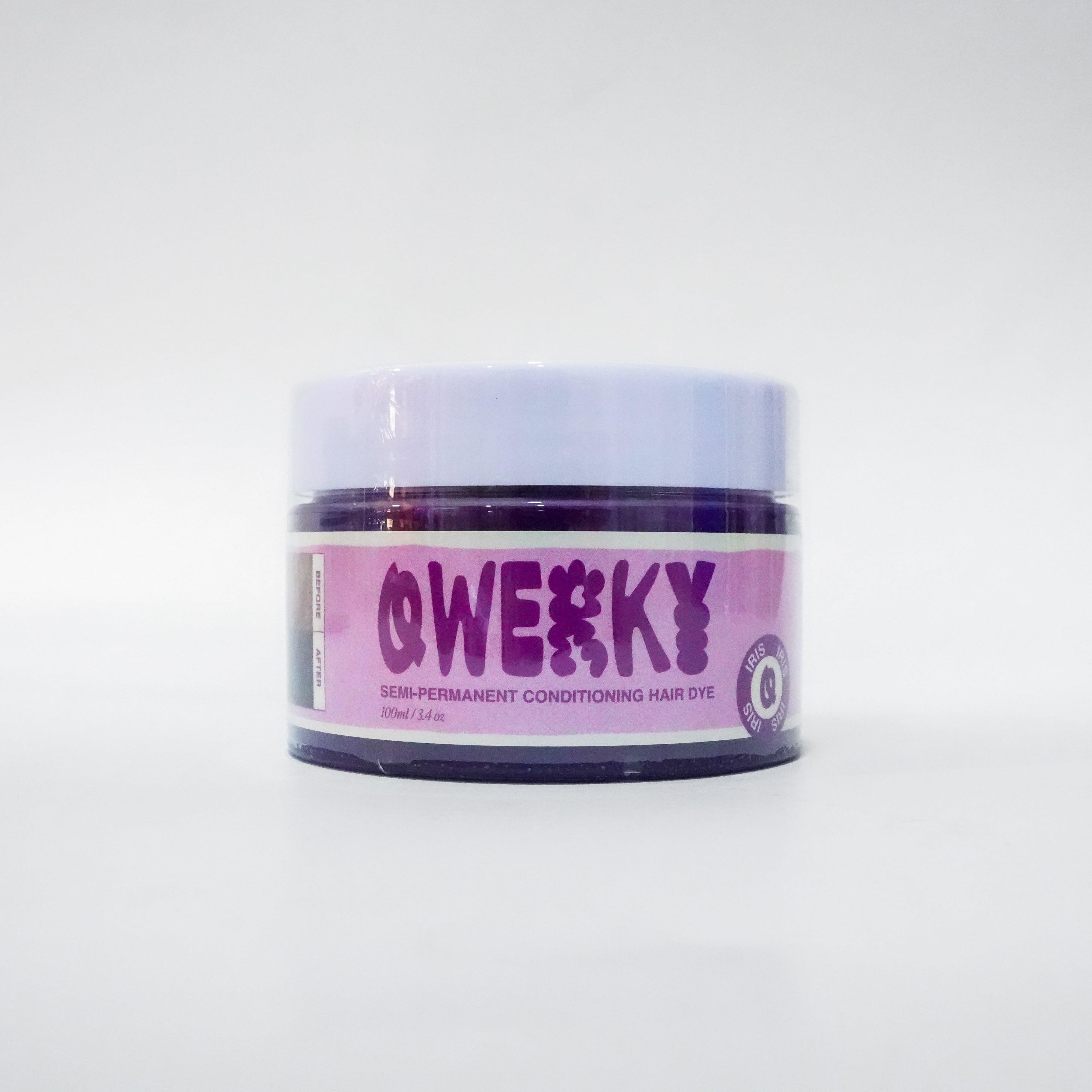 Jar of 'Qwerky' 100ml semi-permanent conditioning plant-based hair dye in Iris on a white background