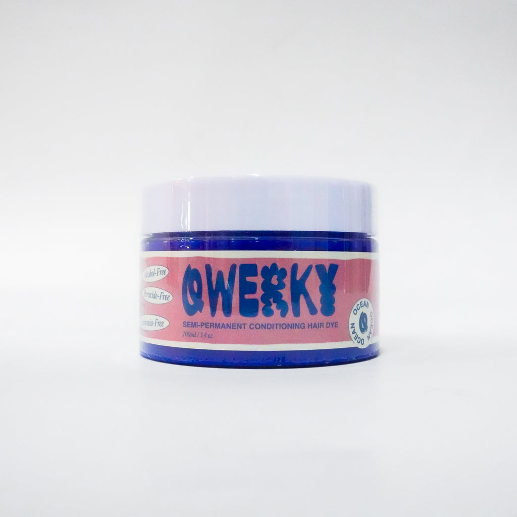 Jar of 'Qwerky' 100ml semi-permanent conditioning plant-based hair dye in Ocean on a white background